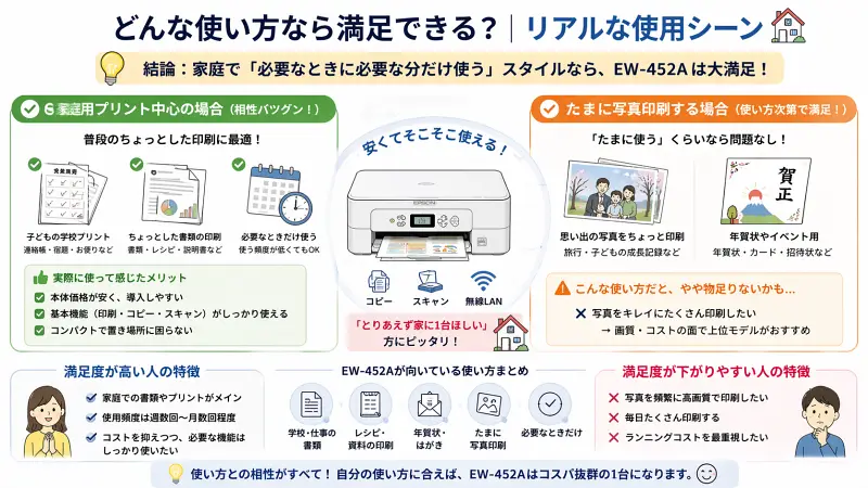 EW-452Aプリンターの満足度が高い使い方を整理した図解。家庭用プリント中心や書類印刷では満足度が高く、たまに写真印刷でも対応可能。一方で写真大量印刷などには不向きな使用シーンを比較して示しているインフォグラフィック。