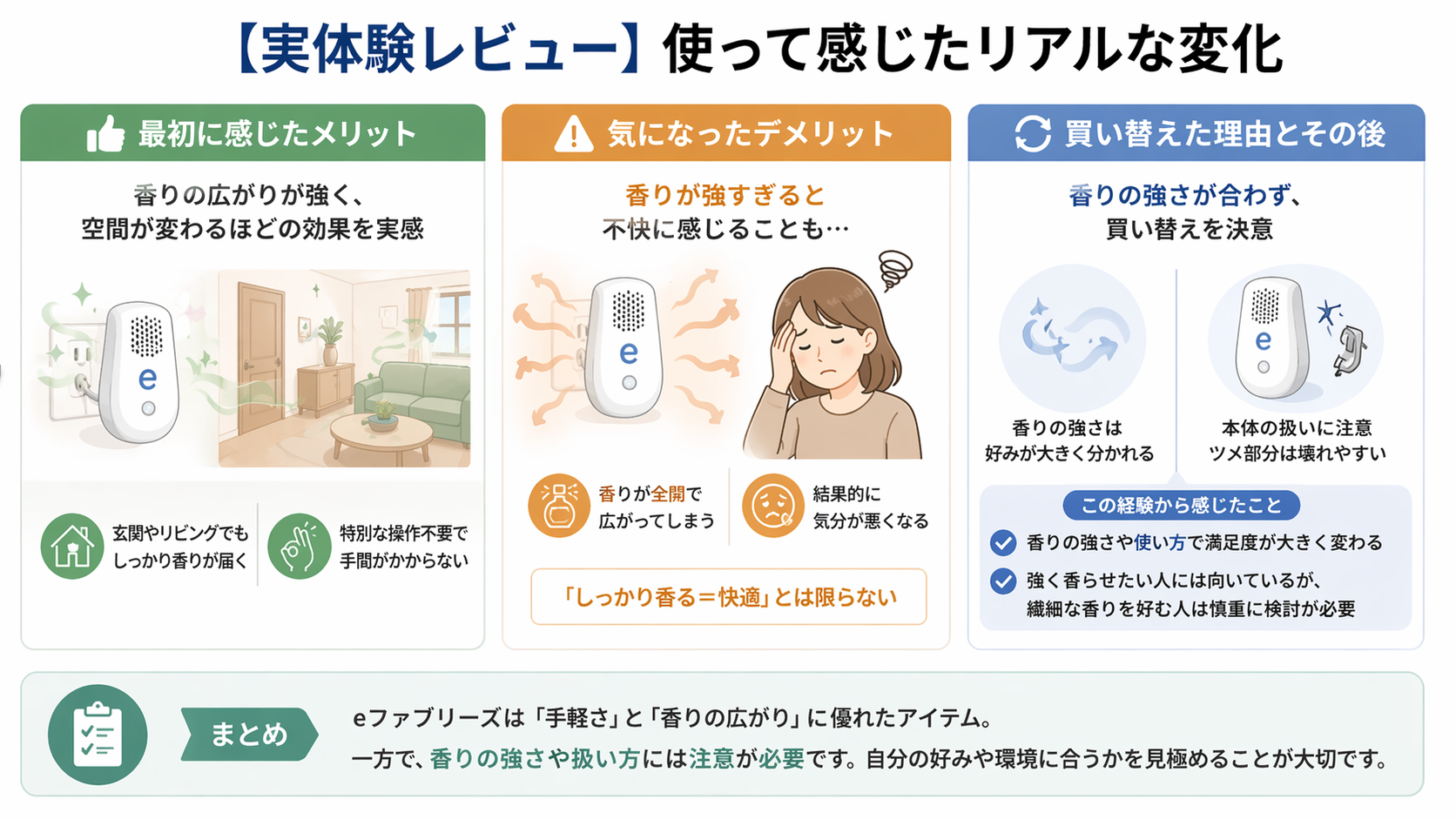 eファブリーズの実体験レビューをまとめた図。香りの広がりや手軽さといったメリットと、香りの強さによる不快感などのデメリットを比較し、向いている人の特徴を分かりやすく解説している。