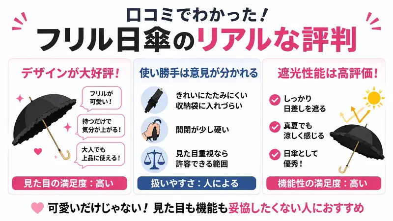 フリル日傘の口コミ評判をまとめた比較図。デザイン満足度は高評価、遮光性能も好評。一方でたたみにくさや開閉の硬さは意見が分かれるポイント。