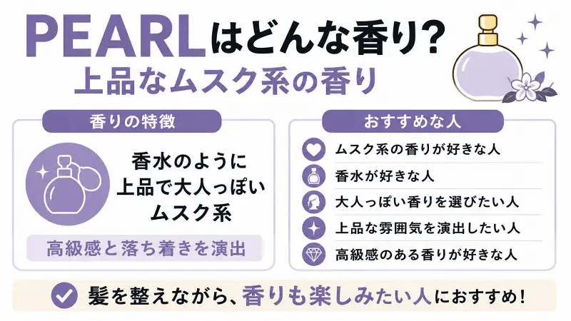 PEARLの香りの特徴を解説した図解。上品なムスク系の香りで、香水のような高級感と大人っぽさが魅力。ムスク系や香水が好きな人、上品な雰囲気を演出したい人におすすめの香りを分かりやすく紹介。