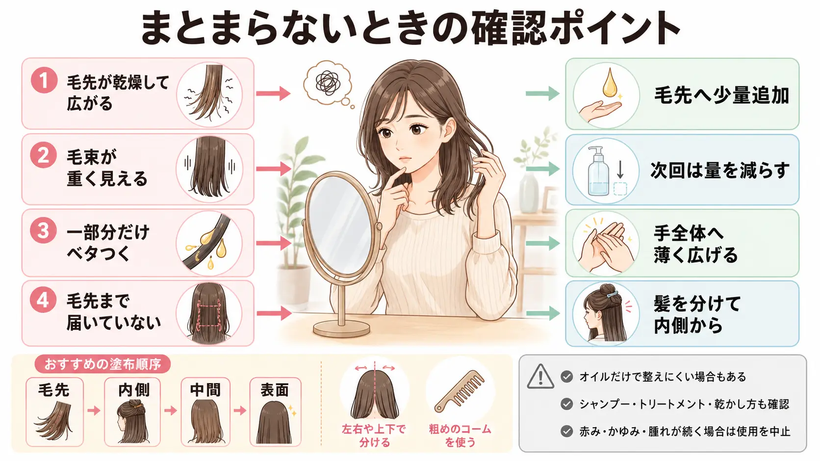 猫っ毛や細い髪、毛量が多い髪、乾燥が気になる髪、前髪へのヘアオイルの使い方をタイプ別に整理した図解。